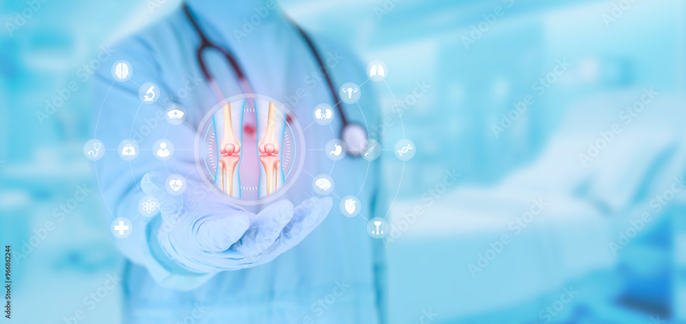 The doctor examines the knees with inflammation and pain. Concept of degenerative bone diseases. The doctor is isolated on a light blue background. The doctor examines the knees with inflammation and pain. Concept of degenerative bone diseases. The doctor is isolated on a light blue background.
