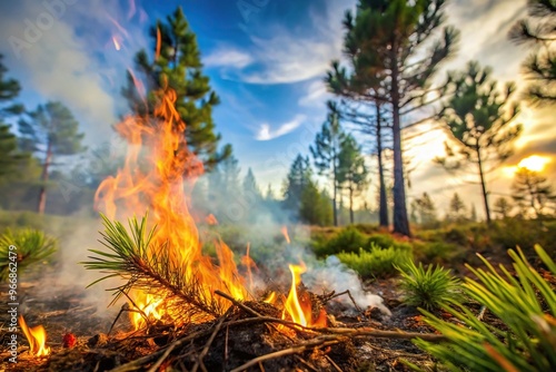 Scenic view of pine trees, grass, leaves, and a bonfire with flames and white smoke, captured from a worm's eye view photo