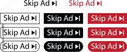 Set of Skip ad buttons icons in black, Red line and flat styles. skip advertisement png button for website designs, online video player. Advertisement text vectors isolated on transparent background.