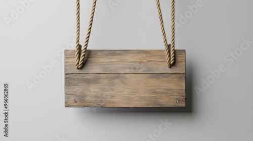 A rustic wooden sign is securely suspended by two ropes against a neutral, solid background, providing an ideal backdrop for customization or branding purposes photo