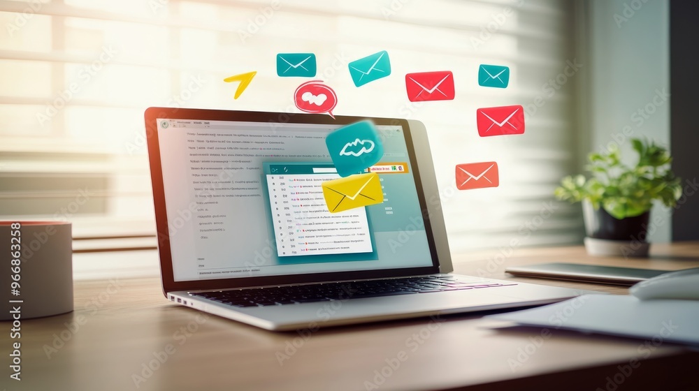 A laptop sits on a wooden desk, showcasing an email application on the screen while vibrant notifications hover above in a bright, inviting workspace A laptop sits on a wooden desk, showcasing an email application on the screen while vibrant notifications hover above in a bright, inviting workspace