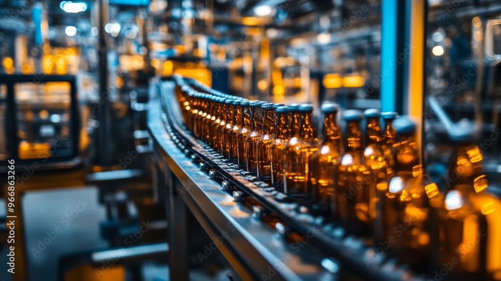 Beverage bottles move smoothly along a conveyor belt in a factory, showcasing an efficient production line in a vibrant industrial setting Beverage bottles move smoothly along a conveyor belt in a factory, showcasing an efficient production line in a vibrant industrial setting