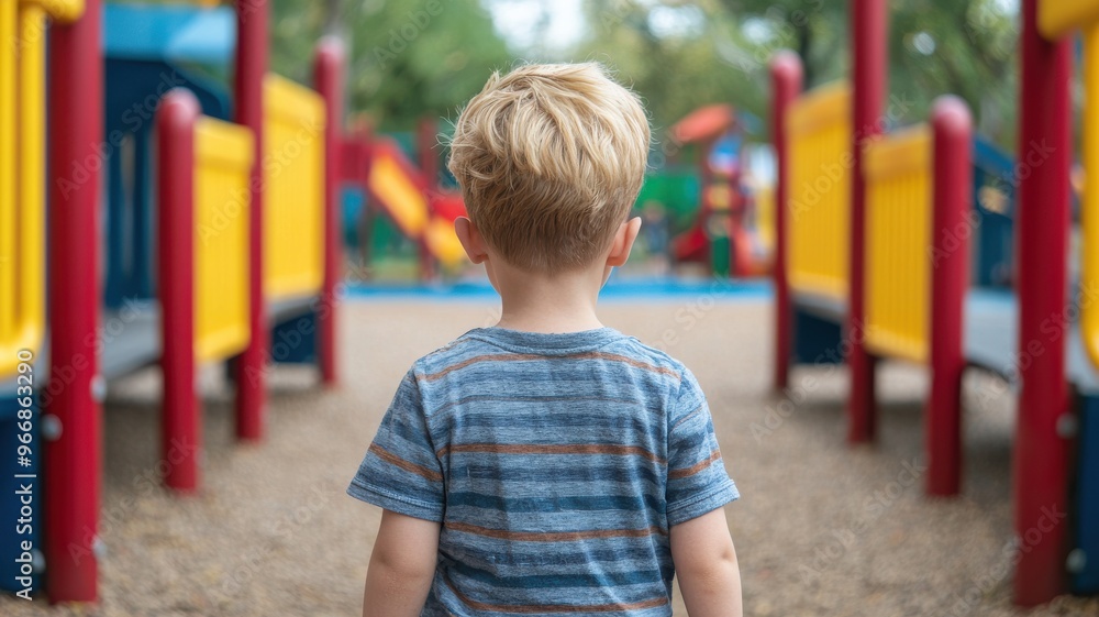 A young child stands at a playground, facing colorful equipment, ready for exciting adventures in a joyful outdoor environment. A young child stands at a playground, facing colorful equipment, ready for exciting adventures in a joyful outdoor environment.