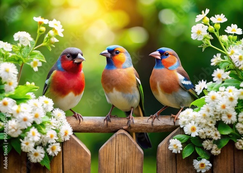 Vibrant plumage shines in sunlight as a trio of finches perch on a rustic wooden fence, surrounded by lush green foliage and delicate white flowers. photo