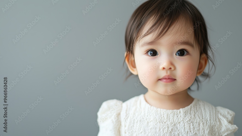 Adorable baby girl with big sparkling eyes and soft hair, wearing a cozy white dress, set against a neutral background. Adorable baby girl with big sparkling eyes and soft hair, wearing a cozy white dress, set against a neutral background.