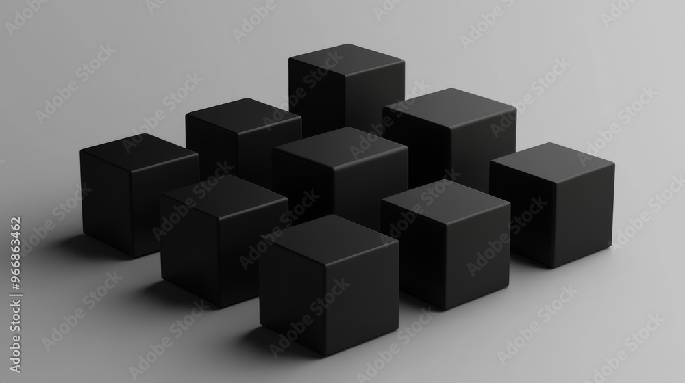 A set of black cubes arranged in a perspective view against a gray background. A 3D box rotates, showing realistic lighting and shadows. This illustration uses basic geometric shapes. A set of black cubes arranged in a perspective view against a gray background. A 3D box rotates, showing realistic lighting and shadows. This illustration uses basic geometric shapes.