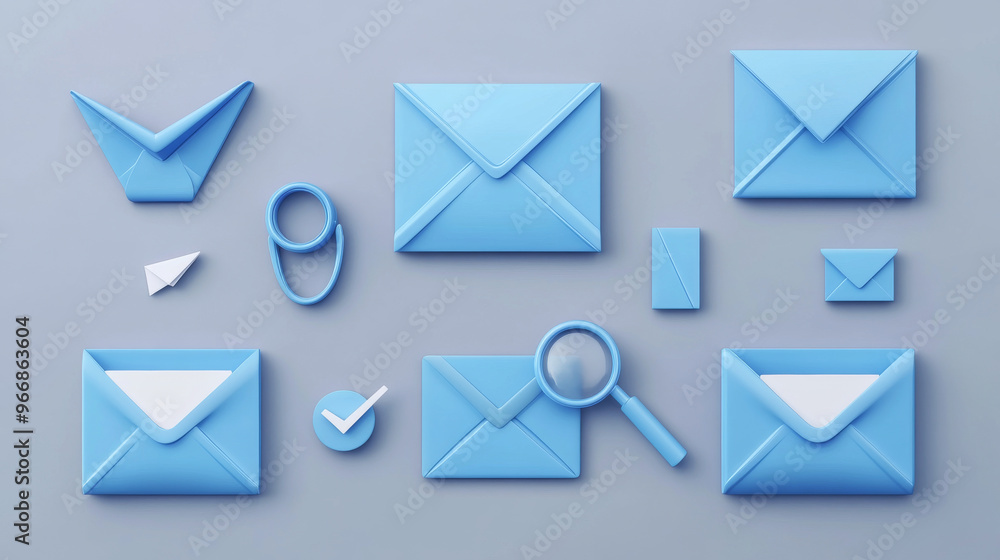 A set of blue 3D mail envelopes with different icons like letters, a checkmark, a paper airplane, and a magnifying glass. These icons represent new messages and are isolated against a gray background. A set of blue 3D mail envelopes with different icons like letters, a checkmark, a paper airplane, and a magnifying glass. These icons represent new messages and are isolated against a gray background.