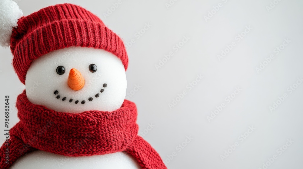 Fototapeta premium A cheerful snowman adorned with a bright red hat and scarf stands out against a solid white background, radiating warmth and joy during the winter season