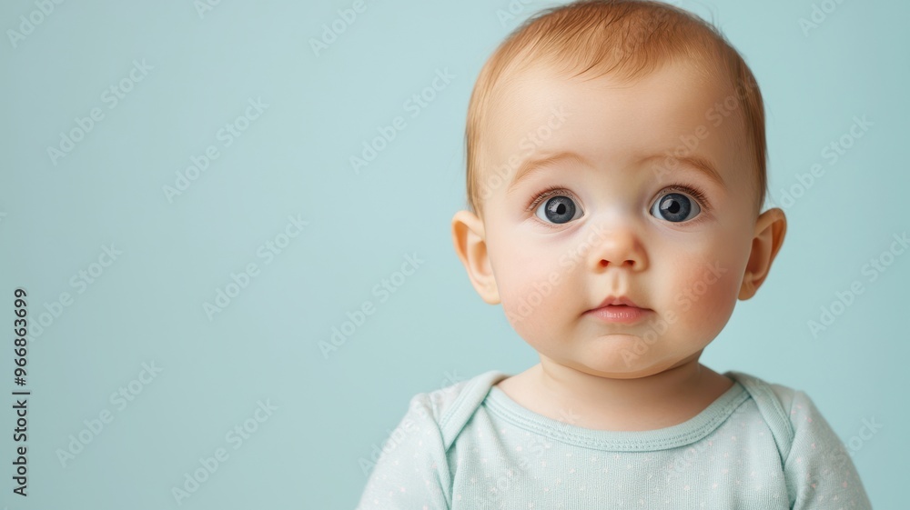Adorable baby with captivating eyes, showcasing innocence and curiosity against a soft blue background. Adorable baby with captivating eyes, showcasing innocence and curiosity against a soft blue background.