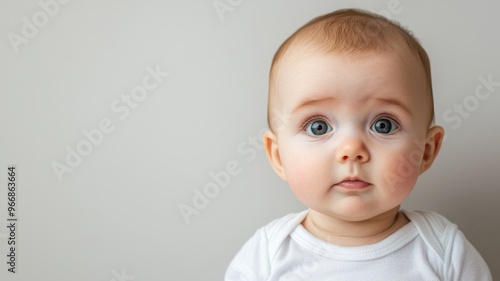 Adorable baby with big blue eyes and a curious expression ready to explore the world around them.