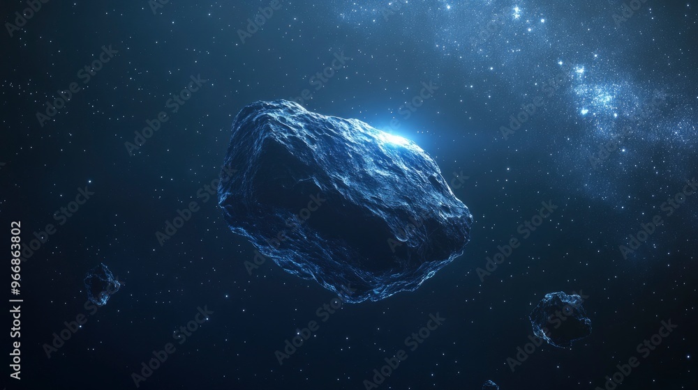 Lonely Asteroid: A single, rugged asteroid floating through the dark expanse of space, illuminated by distant starlight with generative ai Lonely Asteroid: A single, rugged asteroid floating through the dark expanse of space, illuminated by distant starlight with generative ai