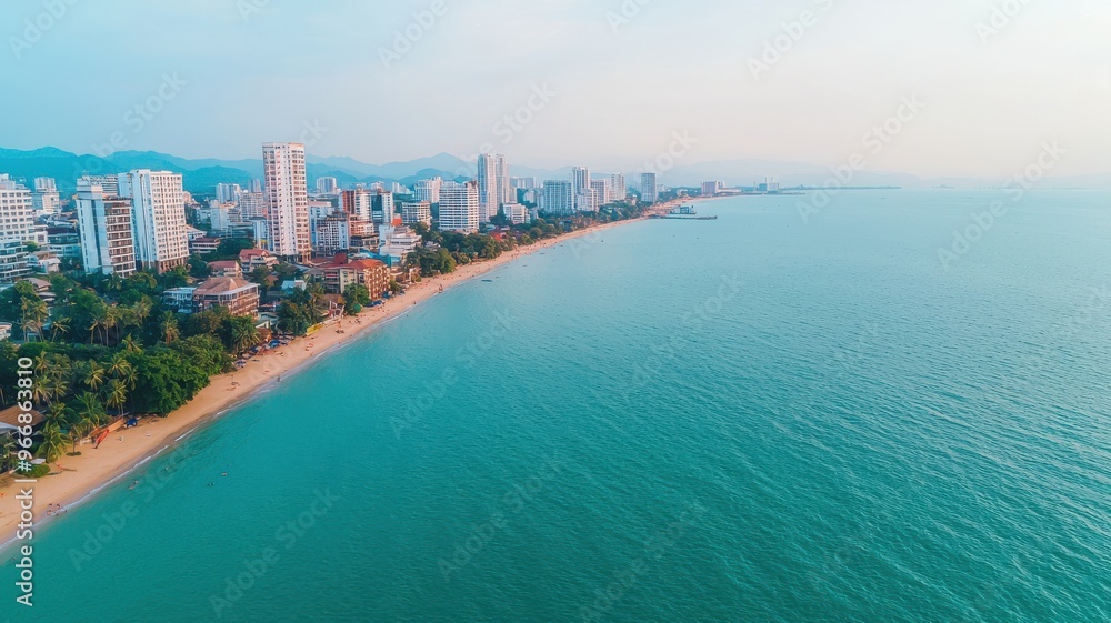Obraz premium Aerial view of a serene beachside skyline, showcasing the calm turquoise sea and modern buildings under a clear sky.