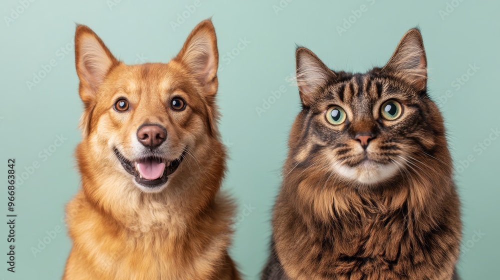 A cheerful dog and an expressive cat sit side by side, gazing directly at the camera. Their expressions reflect a bond of happiness and companionship A cheerful dog and an expressive cat sit side by side, gazing directly at the camera. Their expressions reflect a bond of happiness and companionship