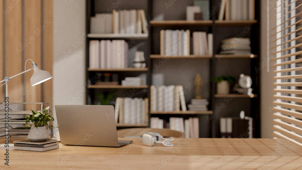 Fototapeta premium A laptop and decor on a table, with a blurred bookshelf in the background of a modern office.