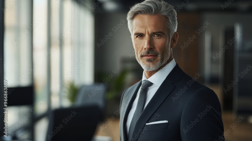 Fototapeta premium A mature businessman stands confidently in a modern office, dressed in a tailored suit. Natural light floods the space, highlighting his professional demeanor and posture