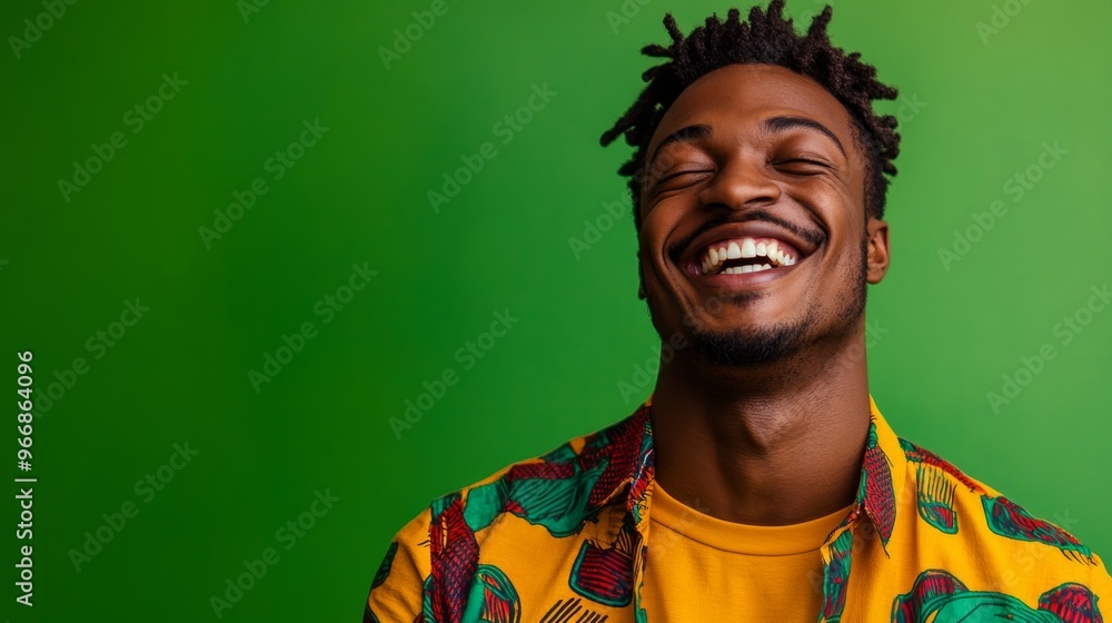 A young man is smiling broadly while dressed in vibrant clothing, conveying happiness and energy against a solid green background, creating a lively and engaging atmosphere A young man is smiling broadly while dressed in vibrant clothing, conveying happiness and energy against a solid green background, creating a lively and engaging atmosphere
