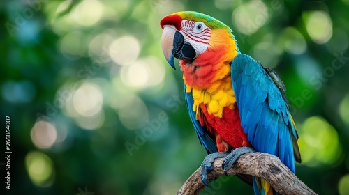 A striking macaw sits on a branch, its colorful feathers radiating brilliance against a blurred backdrop of lush foliage. The vibrant bird captures the essence of tropical wildlife photo