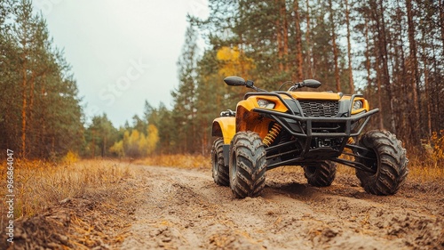 An all-terrain vehicle on a muddy path surrounded by pine trees, perfect for adventure and outdoor exploration. photo