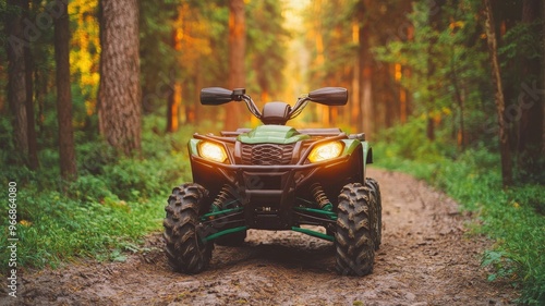 An all-terrain vehicle parked on a dirt path through a vibrant forest, showcasing adventure and outdoor exploration in nature.