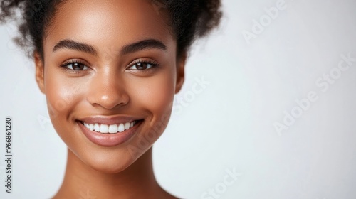 A young woman with curly hair beams at the camera, her warm smile highlighting her clear skin, capturing a moment of joy and confidence in a minimalist setting