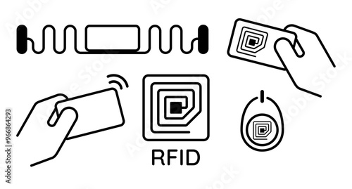 RFID radio frequency identification icon set collection outline black in white background hand holding card wireless ID antenna