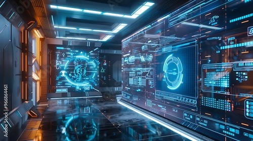 Fototapeta Naklejka Na Ścianę i Meble -  Futuristic interior design with holographic displays showing digital information and data on large glass panels.