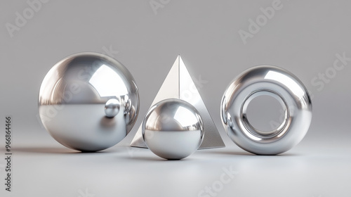 A set of shiny, silver geometric shapes like a sphere, pyramid, and a donut-shaped torus, are shown against a gray background. These realistic 3D objects cast shadows and create an abstract design.