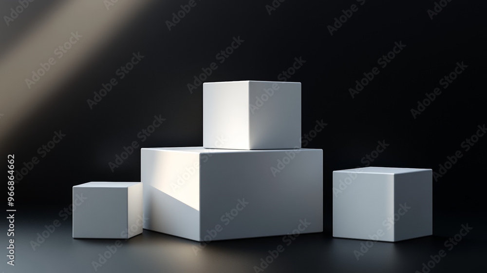 A set of white, 3D cubes are shown against a dark background. They are arranged to create a sense of depth. A 3D box is also shown, rotating and casting shadows in a realistic way. A set of white, 3D cubes are shown against a dark background. They are arranged to create a sense of depth. A 3D box is also shown, rotating and casting shadows in a realistic way.
