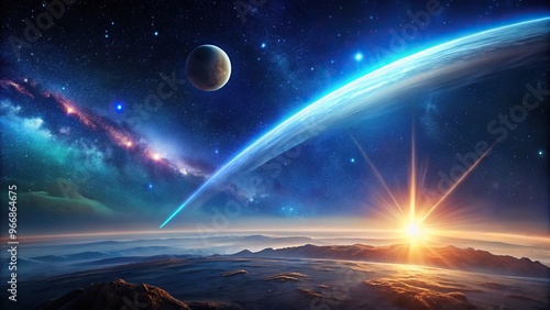 Sci-fi wallpaper featuring a comet in the sky above a distant unknown planet