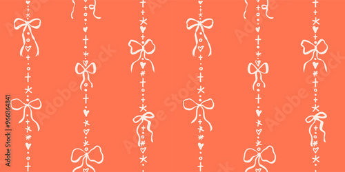 Seamless pattern with doodle bow knots, gift ribbons. Trendy vertical stripe Christmas background. Hand drawn vector illustration. Minimalist tattoo sketch, coquette core. 