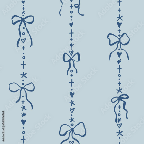 Seamless pattern with doodle bow knots, gift ribbons. Trendy vertical stripe Christmas background. Hand drawn vector illustration. Minimalist tattoo sketch, coquette core. 