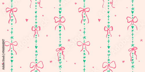Seamless pattern with doodle bow knots, gift ribbons. Trendy vertical stripe Christmas background. Hand drawn vector illustration. Minimalist tattoo sketch, coquette core. 