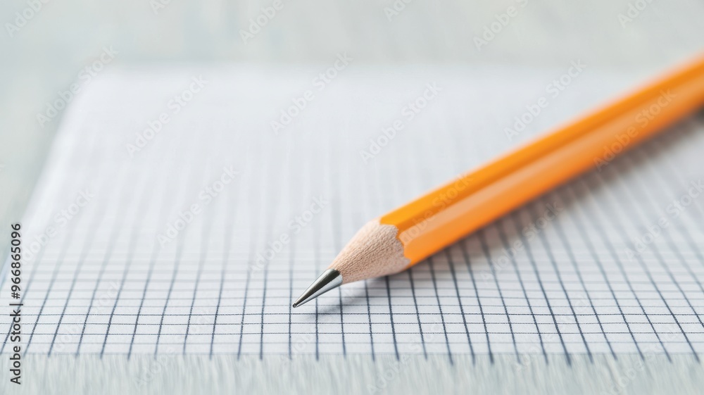 Close-up of an orange pencil on a grid paper, ideal for writing, sketching, or school projects. Close-up of an orange pencil on a grid paper, ideal for writing, sketching, or school projects.
