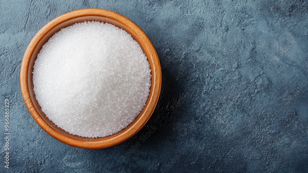 Close-up of white sugar in a wooden bowl on a textured blue background, perfect for culinary and food-related themes. Close-up of white sugar in a wooden bowl on a textured blue background, perfect for culinary and food-related themes.