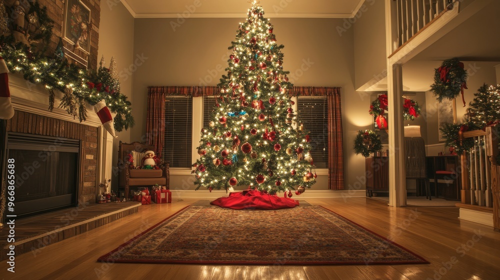 A grand Christmas tree adorned with lights and ornaments stands in a warmly lit room filled with holiday decorations, creating a festive atmosphere for the season A grand Christmas tree adorned with lights and ornaments stands in a warmly lit room filled with holiday decorations, creating a festive atmosphere for the season
