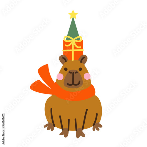 Cute capybara with gifts. Hand drawn vector illustration. Funny animal isolated on white.Naive Christmas childish design.Cool comic character, kids poster, xmas card, social media banner.