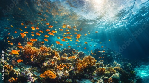 Colorful tropical fish swim through a thriving coral reef in a sunlit underwater world, showcasing the beauty of marine life and healthy ecosystems