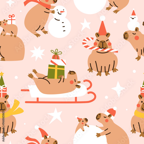 Seamless Christmas pattern with Cute capybaras. Hand drawn vector illustration. Funny animal background. Naive childish design. Cool comic character, kids poster, card, social media banner.