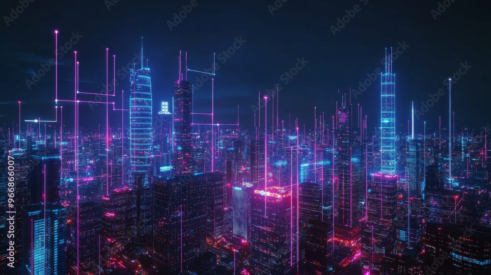 A vibrant, futuristic city skyline comes alive at night, featuring glowing digital lines that link towering buildings, showcasing advanced urban connectivity and technology A vibrant, futuristic city skyline comes alive at night, featuring glowing digital lines that link towering buildings, showcasing advanced urban connectivity and technology