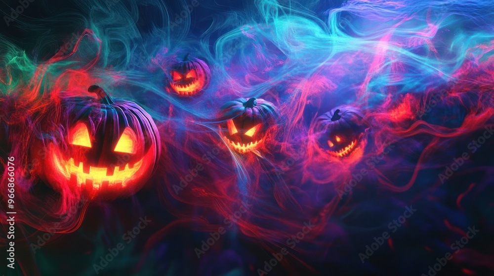 Fototapeta premium A Multi-layered, colorful and textured abstract Halloween digital art featuring distorted Halloween pumpkins and eyes floating in swirling mist.