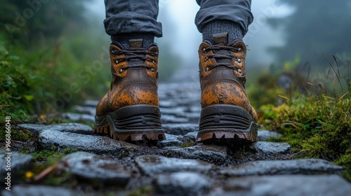 Hiking boots on a misty stone path in a natural setting.