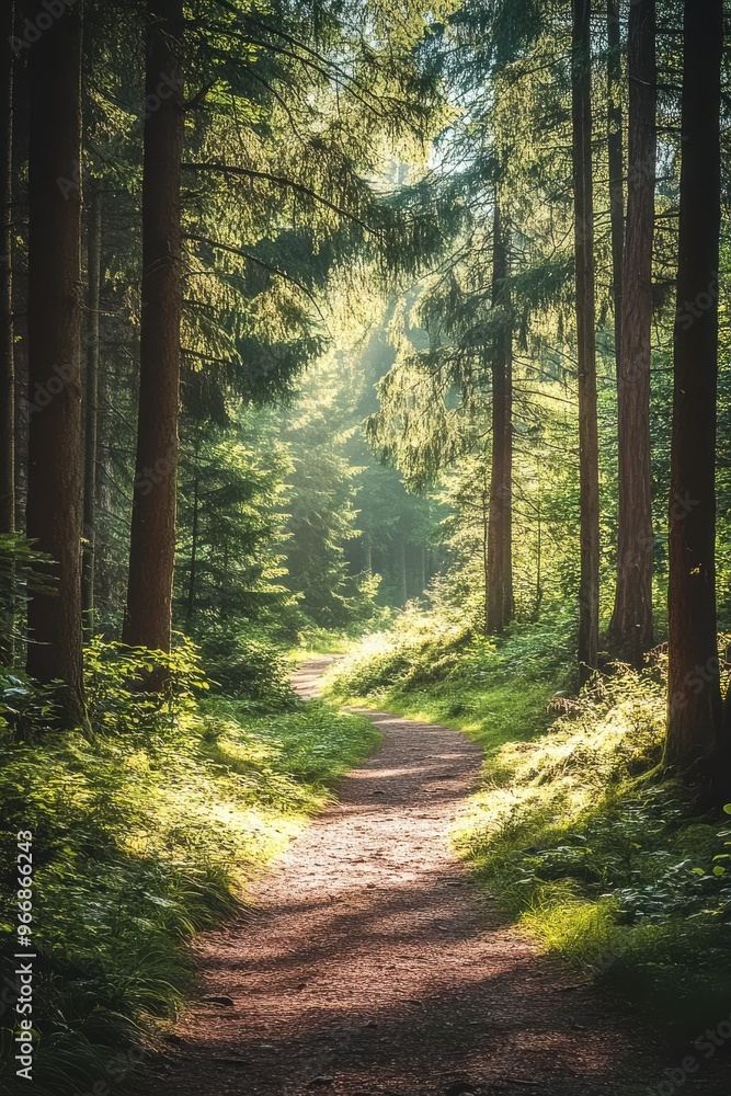 Obraz premium Scenic Forest Path in Lush Green Pine Trees