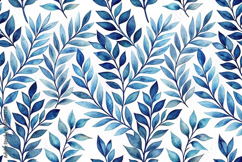 Seamless floral pattern of watercolor foliage in navy blue
