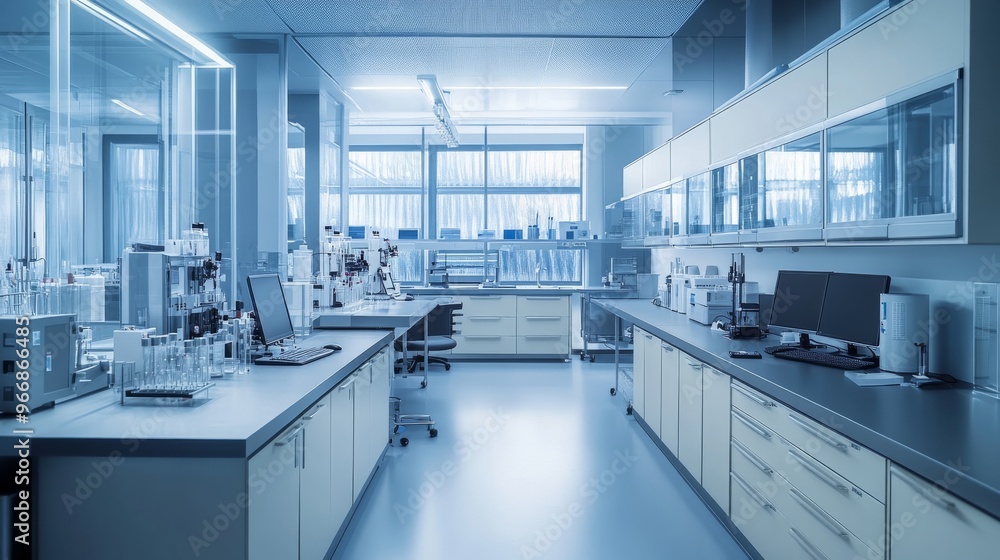 The interior of a cutting-edge science laboratory features modern equipment, organized research desks, and cabinets lining the walls, promoting a productive research environment The interior of a cutting-edge science laboratory features modern equipment, organized research desks, and cabinets lining the walls, promoting a productive research environment
