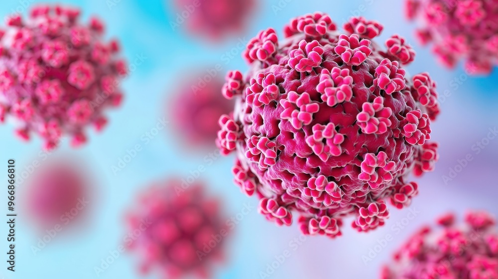 Detailed 3D illustration of a virus structure highlighting its unique shapes and colors against a soft blue background. Detailed 3D illustration of a virus structure highlighting its unique shapes and colors against a soft blue background.