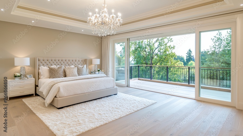 Modern Bedroom with Large Windows Chandelier and Balcony View Modern Bedroom with Large Windows Chandelier and Balcony View