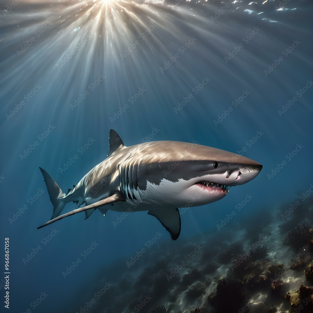 Obraz premium Great white shark swimming near the surface with sun rays penetrating the water 