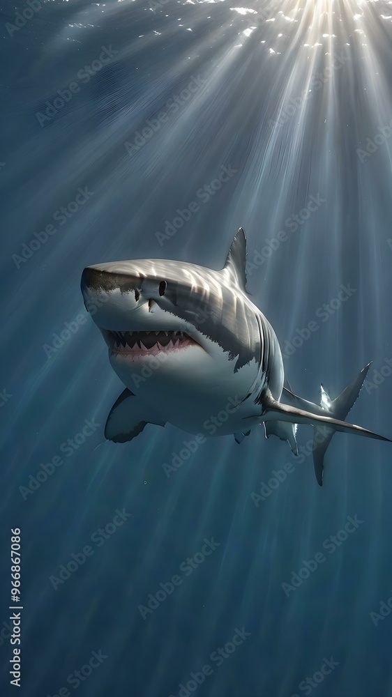 Great white shark swimming near the surface with sun rays penetrating the water
Great white shark swimming near the surface with sun rays penetrating the water