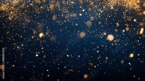 The artwork features a deep navy blue backdrop filled with glimmering gold stars and sparkling particles, creating an enchanting and dynamic atmosphere photo