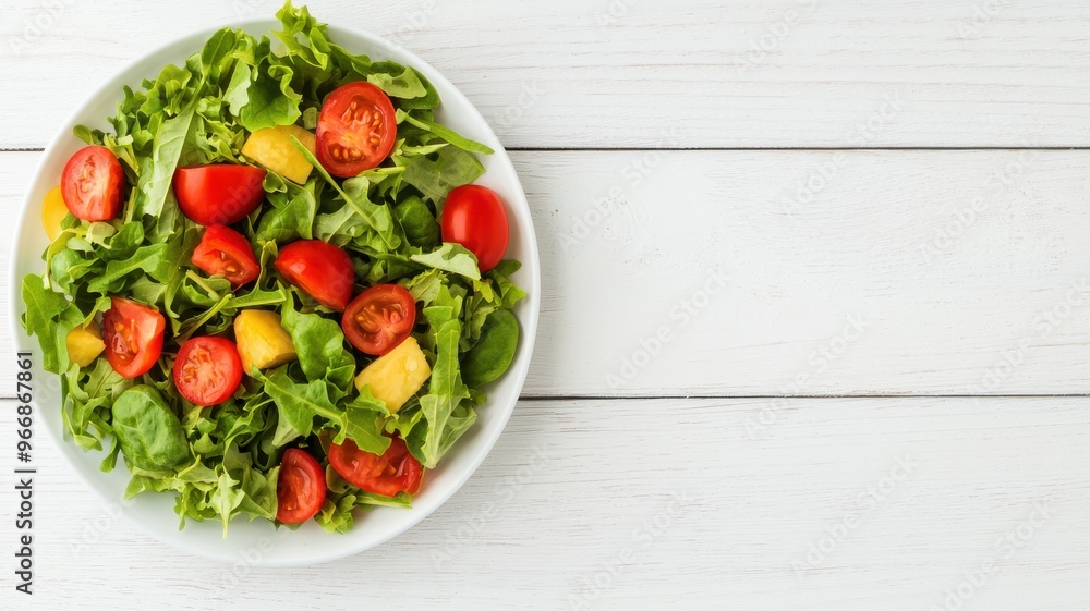 Fresh salad with cherry tomatoes and leafy greens on a white wooden table, ideal for healthy eating and culinary themes. Fresh salad with cherry tomatoes and leafy greens on a white wooden table, ideal for healthy eating and culinary themes.